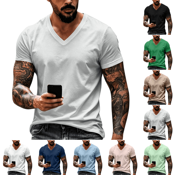 V Neck T Shirts Men Fashion Short Sleeve T-Shirt Summer Comfy Breathable Lightweight Casual Pure Color Tees Light Gray M