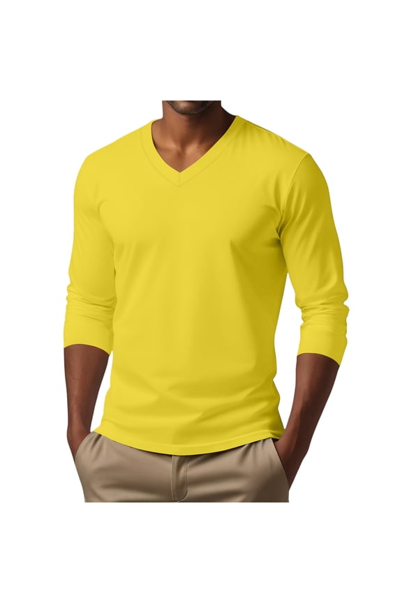 V Neck T Shirts Men – Light and Soft Pullover T Shirt with Long Sleeve- Perfect for Daily Use or Casual Events Yellow 2XL