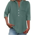 thumbnail image 1 of V-Neck T-Shirts for Women Plus Size Front Button-up 3/4 Sleeve Summer Tops Casual Loose 3 Quarter Length Sleeve Blouses Shirts with Chest Pockets New B-Blue XXL, 1 of 7