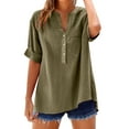 thumbnail image 1 of V-Neck T-Shirts for Women Plus Size Front Button-up 3/4 Sleeve Summer Tops Casual Loose 3 Quarter Length Sleeve Blouses Shirts with Chest Pockets New B-Green-a S, 1 of 7