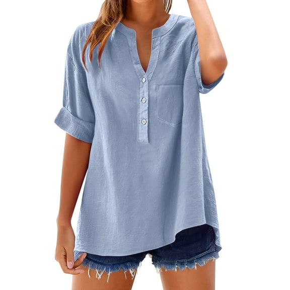 V-Neck T-Shirts for Women Plus Size Front Button-up 3/4 Sleeve Summer Tops Casual Loose 3 Quarter Length Sleeve Blouses Shirts with Chest Pockets New B-Light Blue S