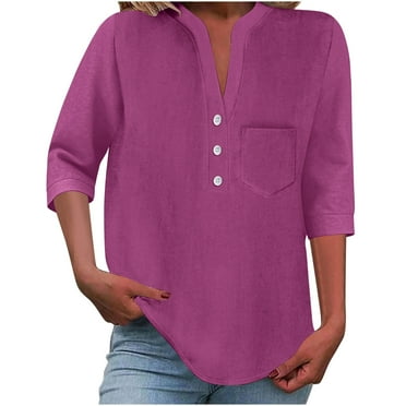 V-Neck T-Shirts for Women Plus Size Front Button-up 3/4 Sleeve Summer Tops Casual Loose 3 Quarter Length Sleeve Blouses Shirts with Chest Pockets New B-Purples L