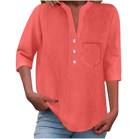 V-Neck T-Shirts for Women Plus Size Front Button-up 3/4 Sleeve Summer Tops Casual Loose 3 Quarter Length Sleeve Blouses Shirts with Chest Pockets New B-Red-a S