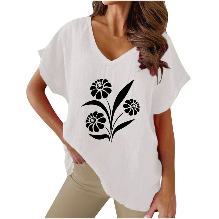V Neck T Shirts for Women Summer Cotton Linen Tops Floral Printed Oversized Tshirts Short Sleeve Elegant Tops Casual Loose T Shirt Dressy Tees Shirts Solid Color Ladies Tops Size 8 18 Walmart