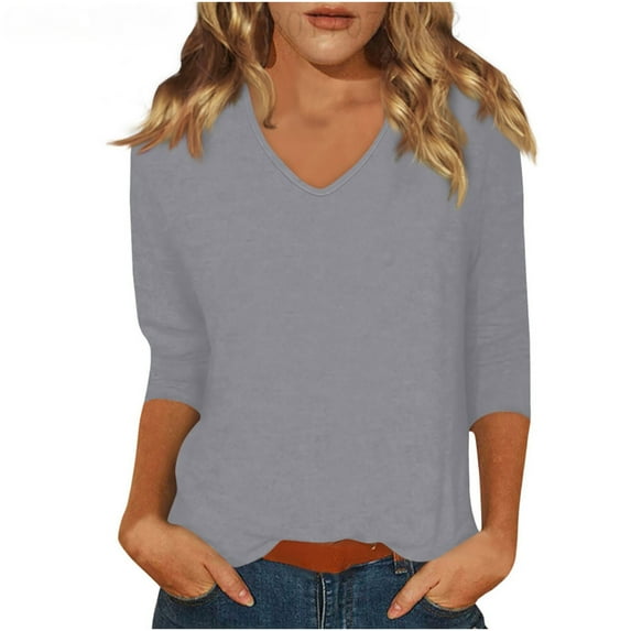 V Neck T Shirts for Women 3/4 Sleeve Cute Tops Casual Three Quarter Length Dressy Blouses Loose Layering Tunic Tops