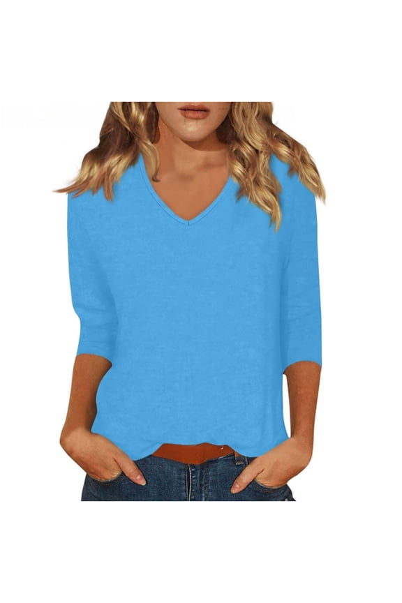 V Neck T Shirts for Women 3/4 Sleeve Cute Tops Casual Three Quarter Length Dressy Blouses Loose Layering Tunic Tops