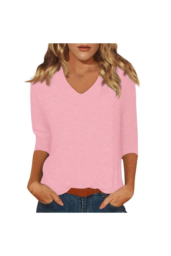 V Neck T Shirts for Women 3/4 Sleeve Cute Tops Casual Three Quarter Length Dressy Blouses Loose Layering Tunic Tops