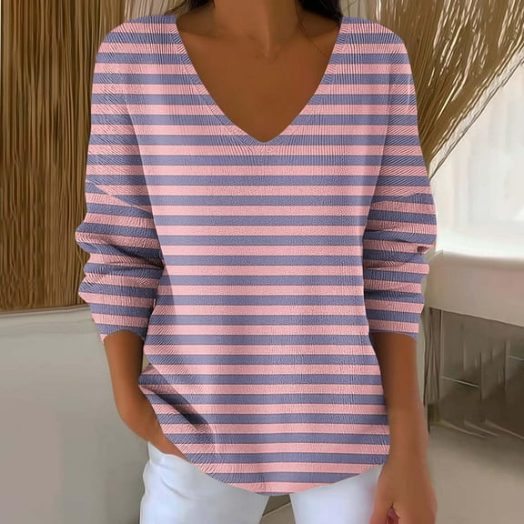 V Neck T Shirts for Women 3/4 Sleeve Striped Loose Fit Tshirts Color Block Vintage Basic Tees Summer Casual Tops 2025