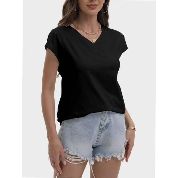 V Neck T-Shirts for Women Cap Sleeve Business Casual Tops Summer Cute Beach Vacation Clothes Basics Tees