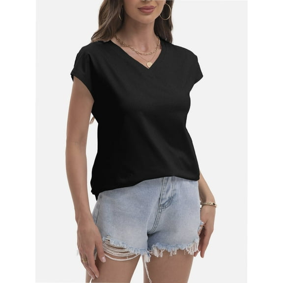 V Neck T-Shirts for Women Cap Sleeve Business Casual Tops Summer Cute Beach Vacation Clothes Basics Tees