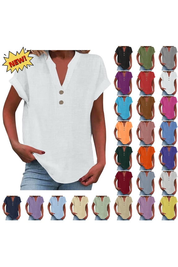 V Neck T Shirts for Women Casual Loose Fitting Short Sleeve Blouses for Women Button Soild Color Tops Trendy Clothes, White L