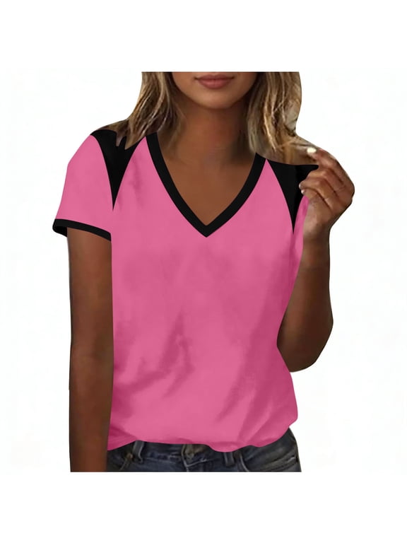 V-Neck T Shirts for Women Color Block Summer Tops Short Sleeve Tees Loose Casual Blouse, Pinky S