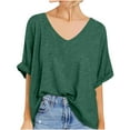 thumbnail image 1 of V Neck T Shirts for Women Cotton Comfort Casual Roll-Up 1/2 Sleeve Shirts Oversized Summer Loose Basic Tee Tops S-2XL, Green, XXL, 1 of 6
