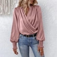 thumbnail image 1 of V Neck T Shirts for Women, Elegant V Neck Balloon Sleeve Solid Color Polyester Shirt, Pink L, 1 of 7