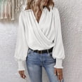 thumbnail image 1 of V Neck T Shirts for Women, Elegant V Neck Balloon Sleeve Solid Color Polyester Shirt, White S, 1 of 7