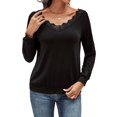 thumbnail image 1 of V Neck T Shirts for Women Lace Long Sleeve Cute Tops Fall Winter Dressy Casual Blouses Trendy Tees Black M, 1 of 9