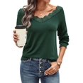 thumbnail image 1 of V Neck T Shirts for Women Lace Long Sleeve Cute Tops Fall Winter Dressy Casual Blouses Trendy Tees Dark Green L, 1 of 9