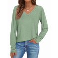 thumbnail image 1 of V Neck T Shirts for Women Lace Long Sleeve Tops Loose Fit Dressy Casual Blouses Fall Winter Basic Trendy Green S, 1 of 6