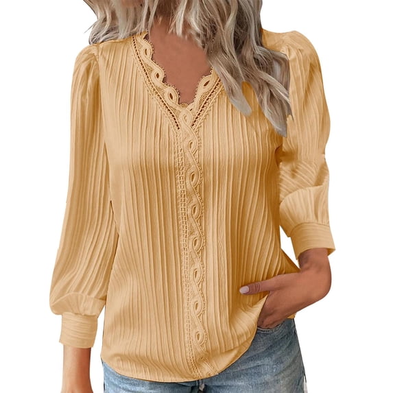 V Neck T Shirts for Women Lace Patchwork V Neck Loose Fit Casual Long Sleeve Blouse Tee Summer Tops