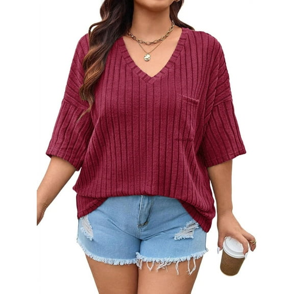 V Neck T Shirts for Women Striped Knit Half Sleeve Blouses Fashion Loose Fit Wine Red 4XL