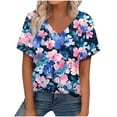 thumbnail image 1 of V Neck T Shirts for Women Summer Classic Casual Floral Printed Short Sleeve Tops Cute V Neck Business Blouses (2XL, Navy 2), 1 of 7