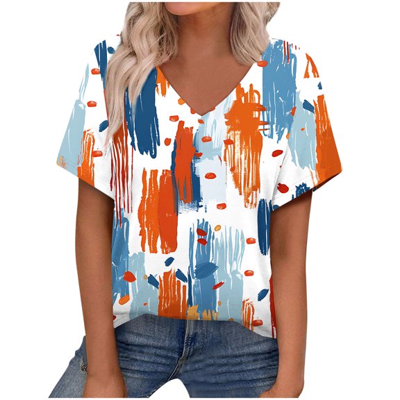 V Neck T Shirts for Women Summer Classic Casual Floral Printed Short Sleeve Tops Cute V Neck Business Blouses (2XL, Orange 3)