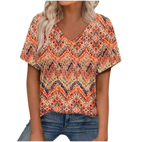 V Neck T Shirts for Women Summer Classic Casual Floral Printed Short Sleeve Tops Cute V Neck Business Blouses (M, Orange)