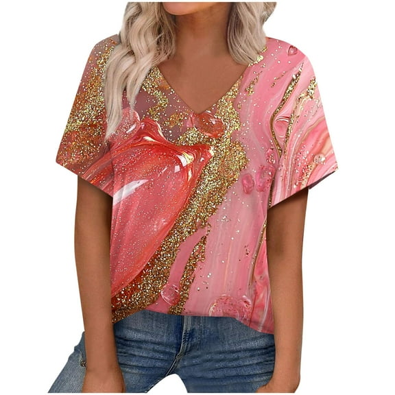 V Neck T Shirts for Women Summer Classic Casual Floral Printed Short Sleeve Tops Cute V Neck Business Blouses (M, Pink 1)