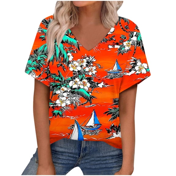 V Neck T Shirts for Women Summer Classic Casual Floral Printed Short Sleeve Tops Cute V Neck Business Blouses (M, Red)