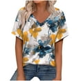 thumbnail image 1 of V Neck T Shirts for Women Summer Classic Casual Floral Printed Short Sleeve Tops Cute V Neck Business Blouses (M, Yellow), 1 of 3
