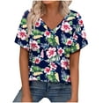 thumbnail image 1 of V Neck T Shirts for Women Summer Classic Casual Floral Printed Short Sleeve Tops Cute V Neck Business Blouses (S, Navy 1), 1 of 2