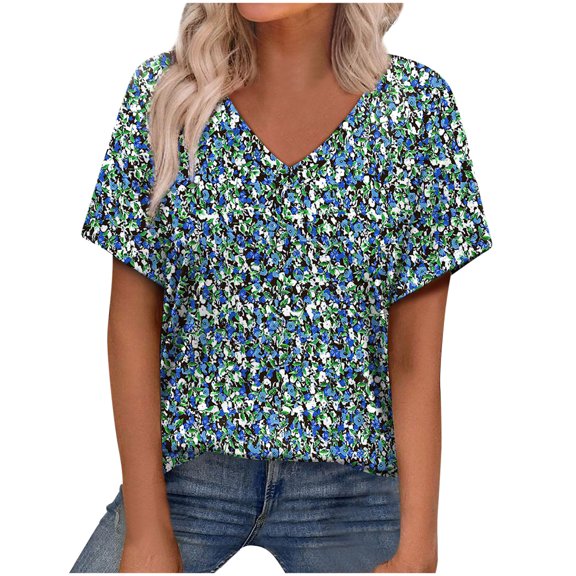 V Neck T Shirts for Women Summer Classic Casual Floral Printed Short Sleeve Tops Cute V Neck Business Blouses (XL, Green)