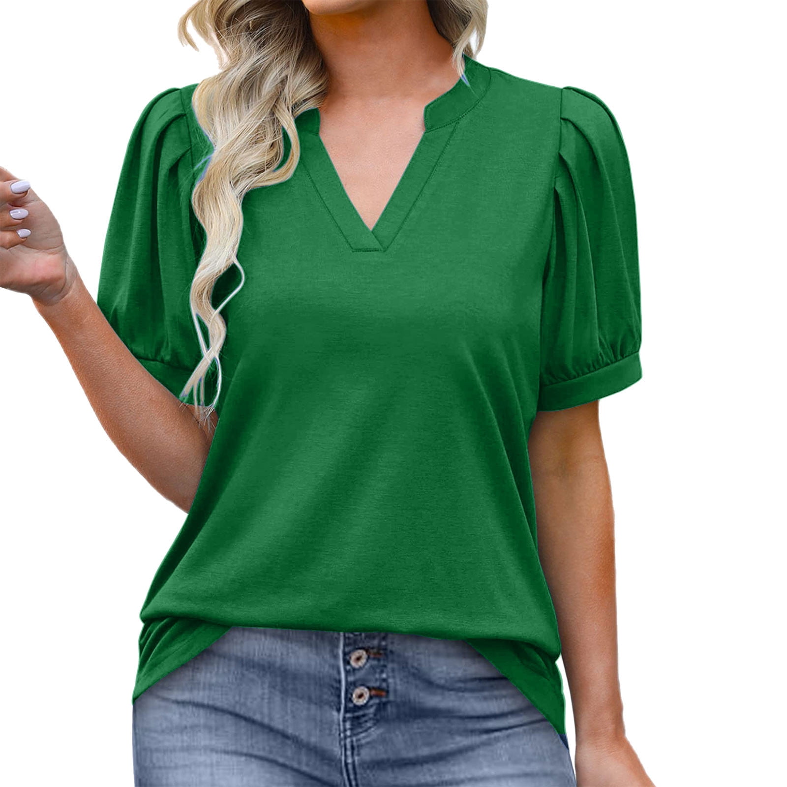 V Neck T Shirts for Women V Neck Short Sleeve T Shirt Solid Print Green M
