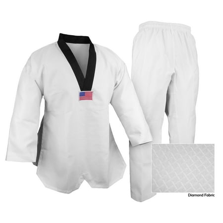 V-Neck Taekwondo Deluxe Jaquard Diamond Fabric White w Black Trim Gi Uniform