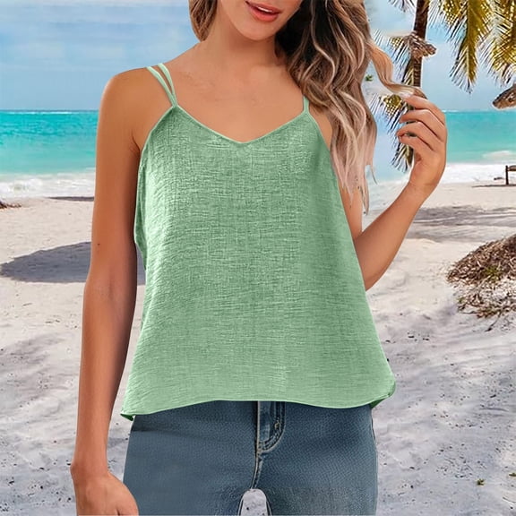 V Neck Tank Tops for Woman Cotton Linen V-Neck Camisole Top - Slim Strap Summer Tank Tops