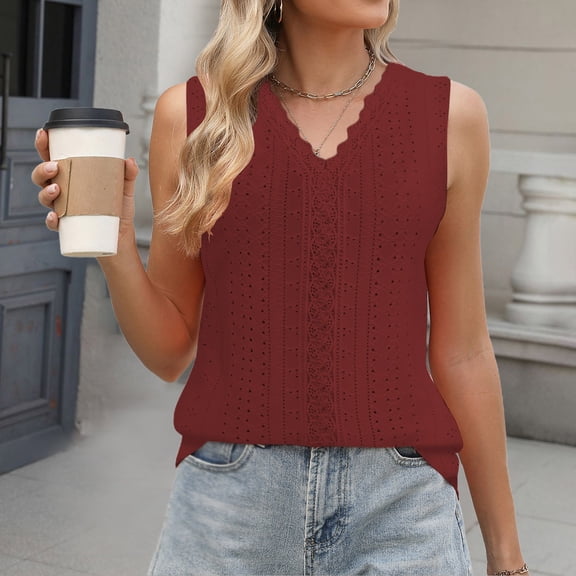 V Neck Tank Tops for Woman Trendy Tops Loose Solid Color V Neck Sleeveless Shirts Tank Tops Red