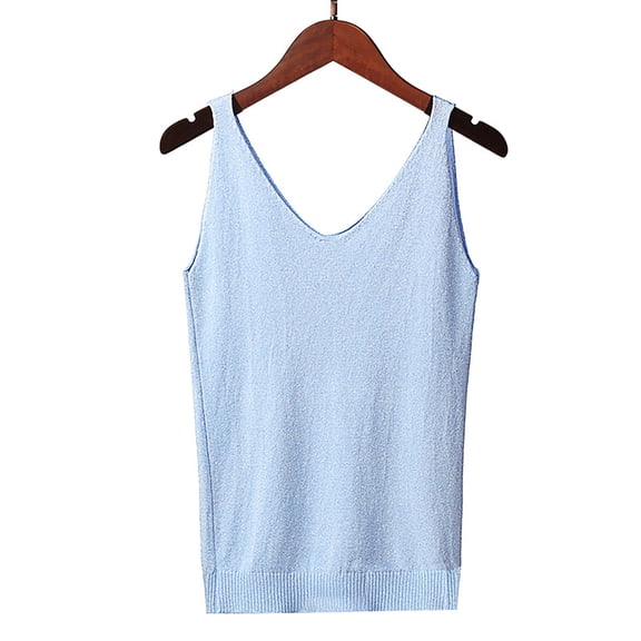 V Neck Tank Tops for Woman's Solid Color V Neck Sequin Camisol Tank Tops Sky Blue