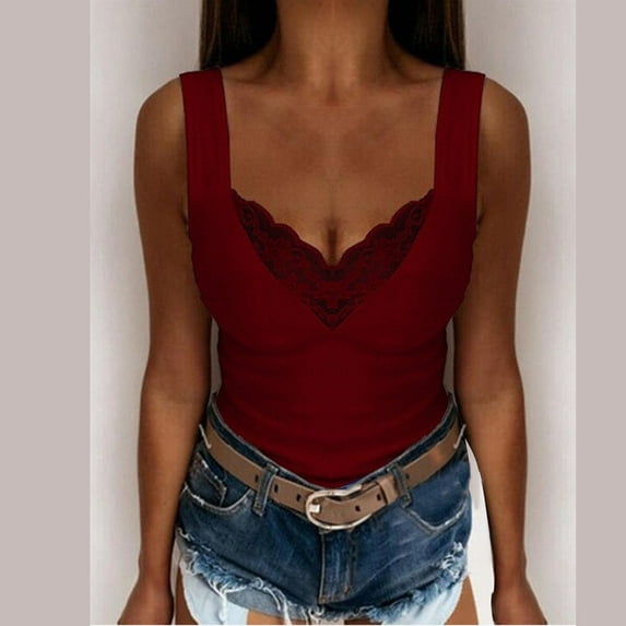 V Neck Tank Tops for Woman's Summer V Neck Solid Color Sexy Lace Camisole Vest Tank Tops Red