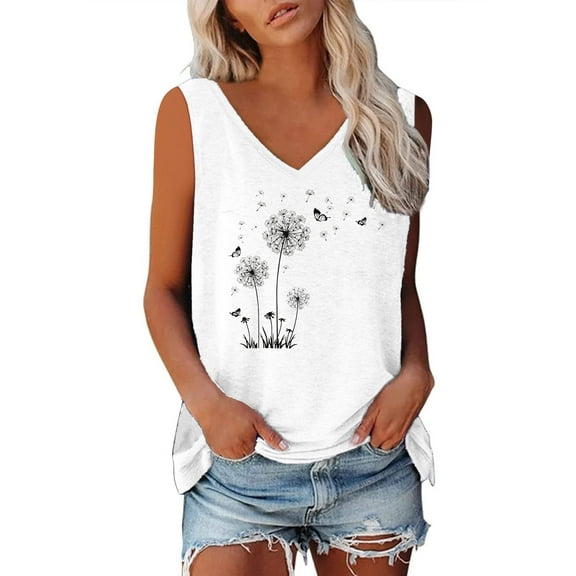 V Neck Tank Tops for Women Dandelion Print Sleeveless Shirts Spread Kindness Graphic Tees Casual Loose Fit Tunic Tops