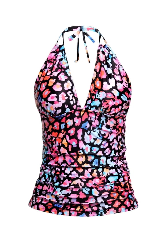 V Neck Tankini Tops for Women Swimwear Top Only Floral Halter Swimsuits Bikini Summer Beach Tops Bathing Suit Tops Black L