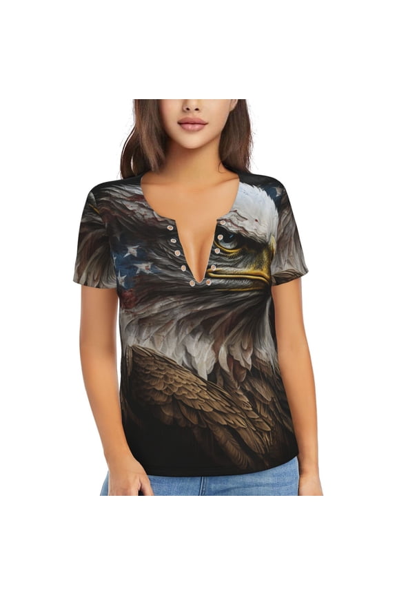 V Neck Tee Tops Summer Short Sleeve Casual Sexy T-Shirts, American Flag Bald Eagle USA
