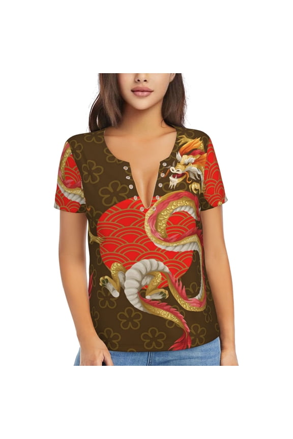V Neck Tee Tops Summer Short Sleeve Casual Sexy T-Shirts, Asian Dragon Oriental Dragons