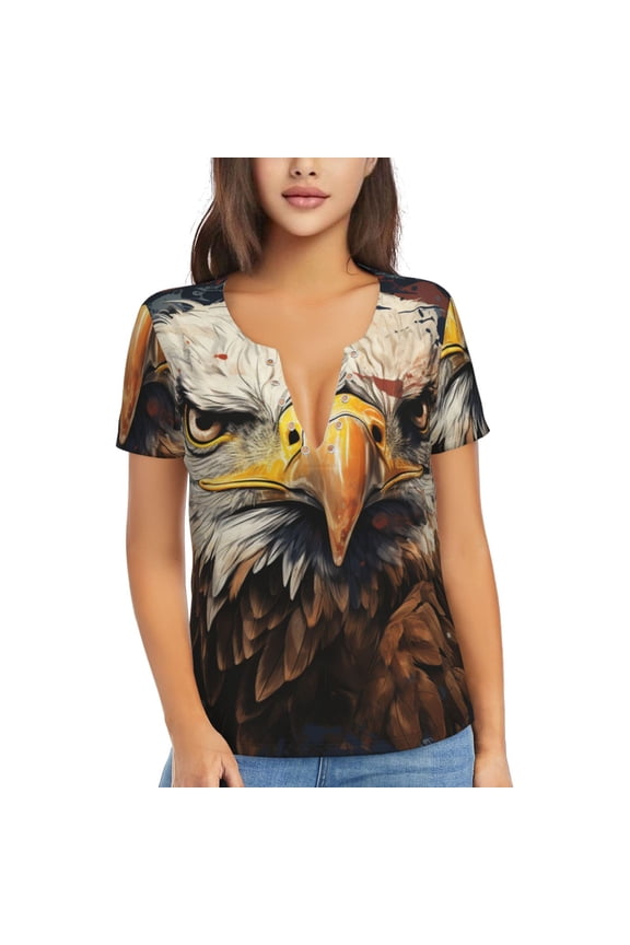 V Neck Tee Tops Summer Short Sleeve Casual Sexy T-Shirts, Bald Eagle And American Flag Cool