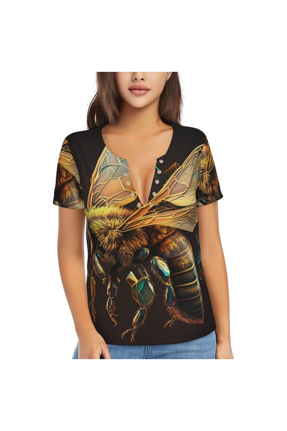 V Neck Tee Tops Summer Short Sleeve Casual Sexy T-Shirts, Bee Honey Honeybee Cool