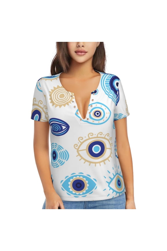 V Neck Tee Tops Summer Short Sleeve Casual Sexy T-Shirts, Evil Eyes Magic Talisman