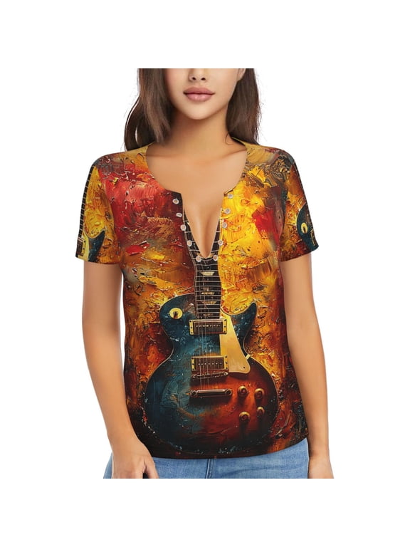 V Neck Tee Tops Summer Short Sleeve Casual Sexy T-Shirts, Guitar Music Life