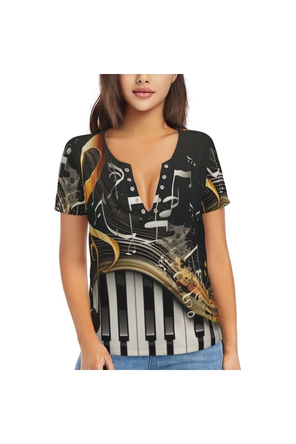 V Neck Tee Tops Summer Short Sleeve Casual Sexy T-Shirts, Music Cool Piano Vintage