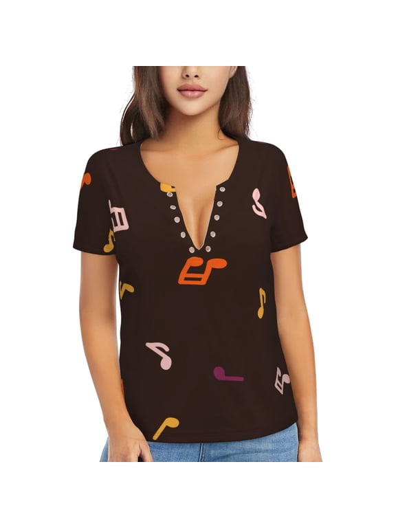 V Neck Tee Tops Summer Short Sleeve Casual Sexy T-Shirts, Musical Notes Music