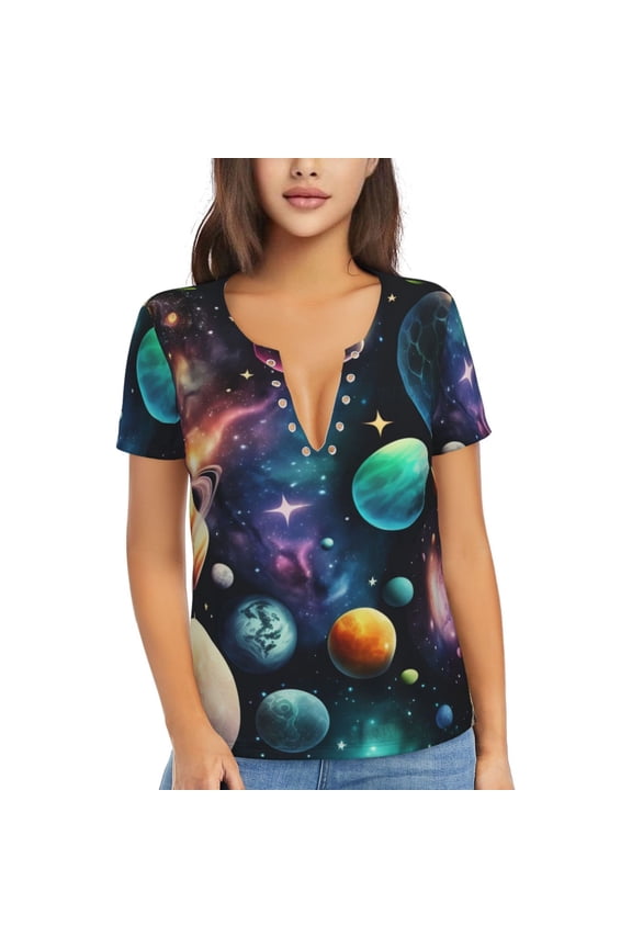 V Neck Tee Tops Summer Short Sleeve Casual Sexy T-Shirts, Planets Galaxy Stars Cosmic Space