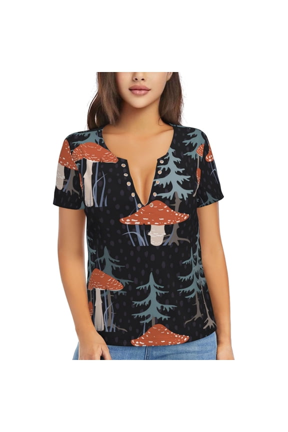 V Neck Tee Tops Summer Short Sleeve Casual Sexy T-Shirts, Tree Mushroom Magic